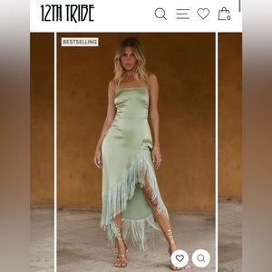 12th Tribe Best Seller Monet Sage Fringe Satin Maxi Dress